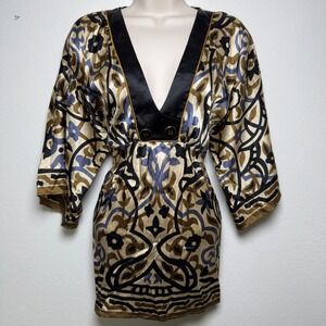 Hale Bob Women Silk y2k Kimono Top Medallion Print V-Neck Tunic Top Brown